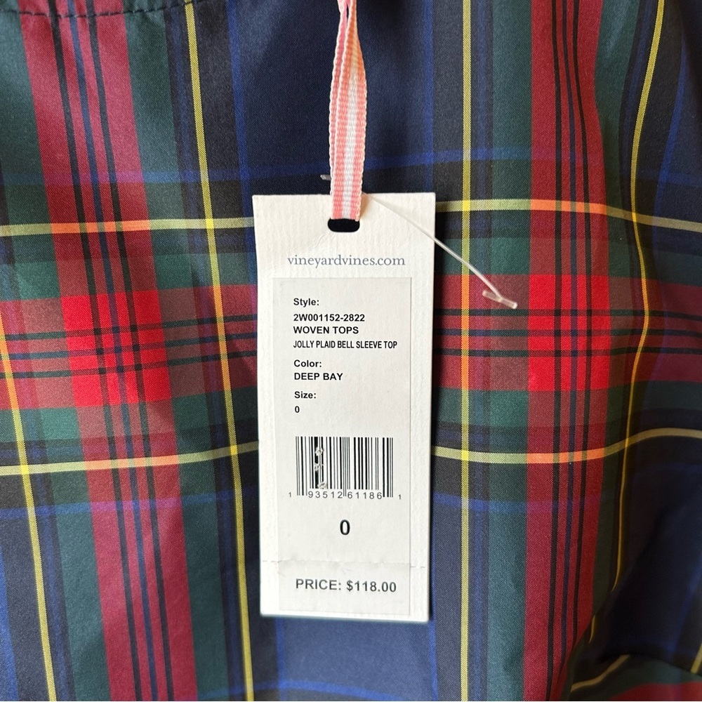 NWT Vineyard Vines Women's Plaid Taffeta Blouse Size 0 Top Bell Sleeves Jolly - Picture 4 of 12